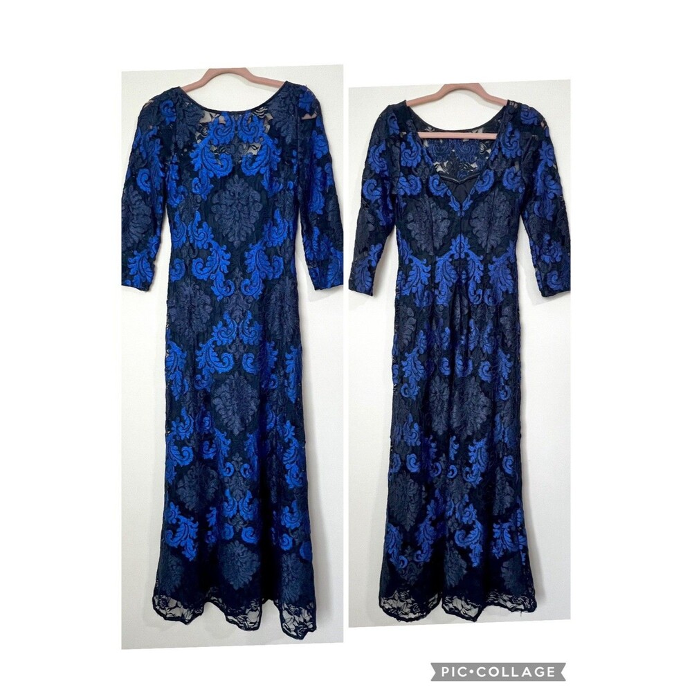 Aidan Mattox Formal Dress Gown Blue Black Damask Lace Women’s 2